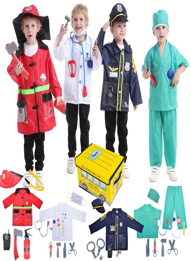 TopTie 4 Sets Kids Costumes w/Gift Box for Age 3-7, Halloween Children Dress Up Uniforms Fireman Doctor Police Surgeon - Image 1